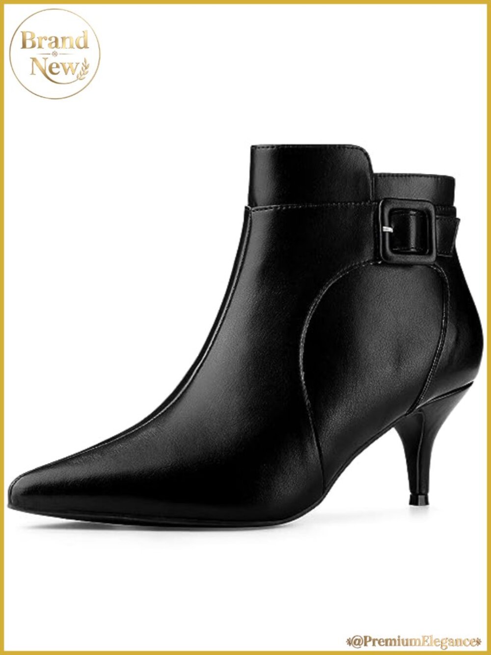 Faux Leather Kitten Heel Pointy Toe Ankle Booties Side Zip Buckle
